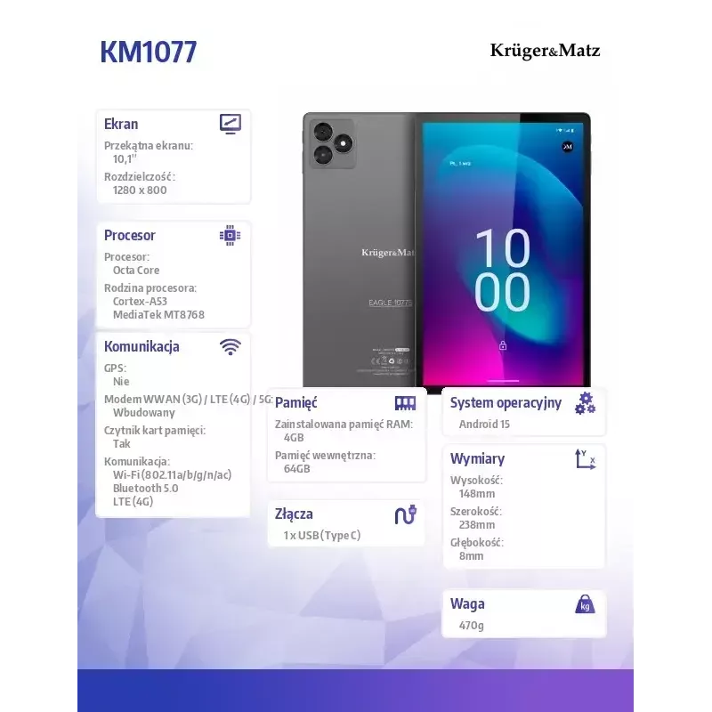 Tablet Kruger & Matz KM1077 10.1 inch Display Quad-Core 4GB RAM 64GB Storage Android