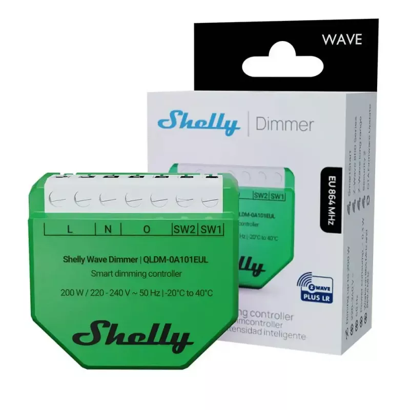 Shelly Wave Dimmer EU LR smart dimmer controller — 2-channel, no neutral, 220–240V, LED up to 150W, incandescent up to 200W, 864–868.4 MHz