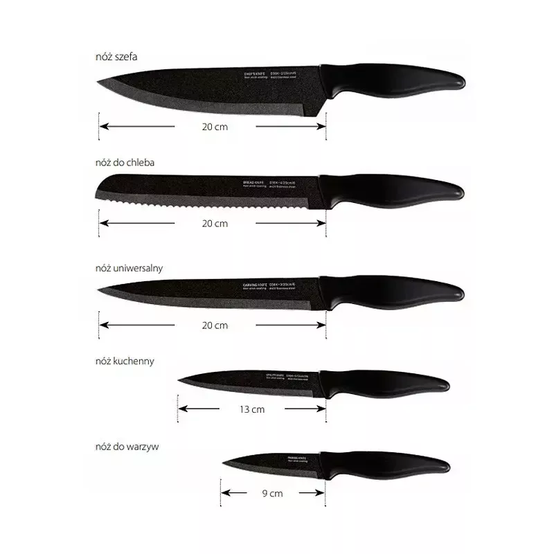 Kitchen knife set Smile SNS-6 — 6-piece black block, 5 knives with non-stick black blades, soft-touch black plastic handles