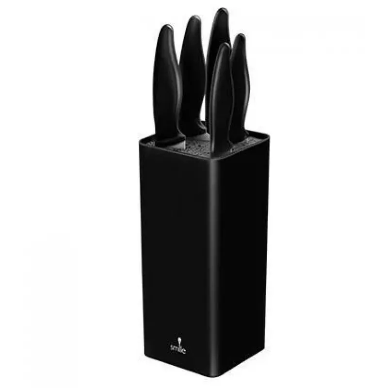 Kitchen knife set Smile SNS-6 — 6-piece black block, 5 knives with non-stick black blades, soft-touch black plastic handles