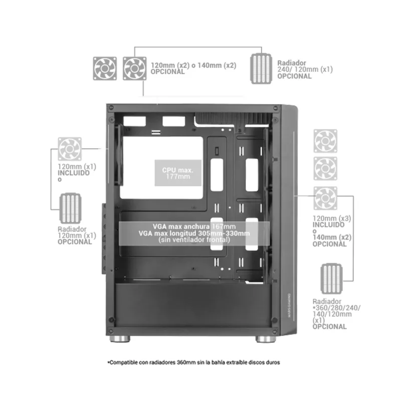 Mars Gaming MC-F Black, ATX Gaming Semitower, Full Tempered Glass Window, Metal-Mesh Front, 4x 120mm ARGB Fans