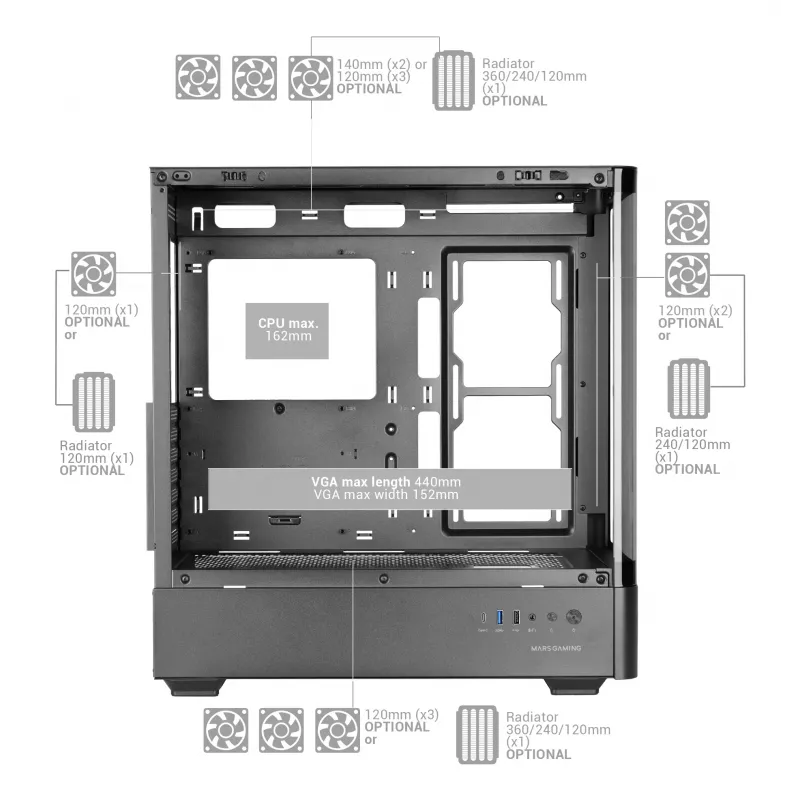 PC Case TACENS Mars Gaming MCLCDPRO Midi Tower — Black, IPS 7.2 inch Display, Bottom PSU, ATX/Micro‑ATX/Mini‑ITX support