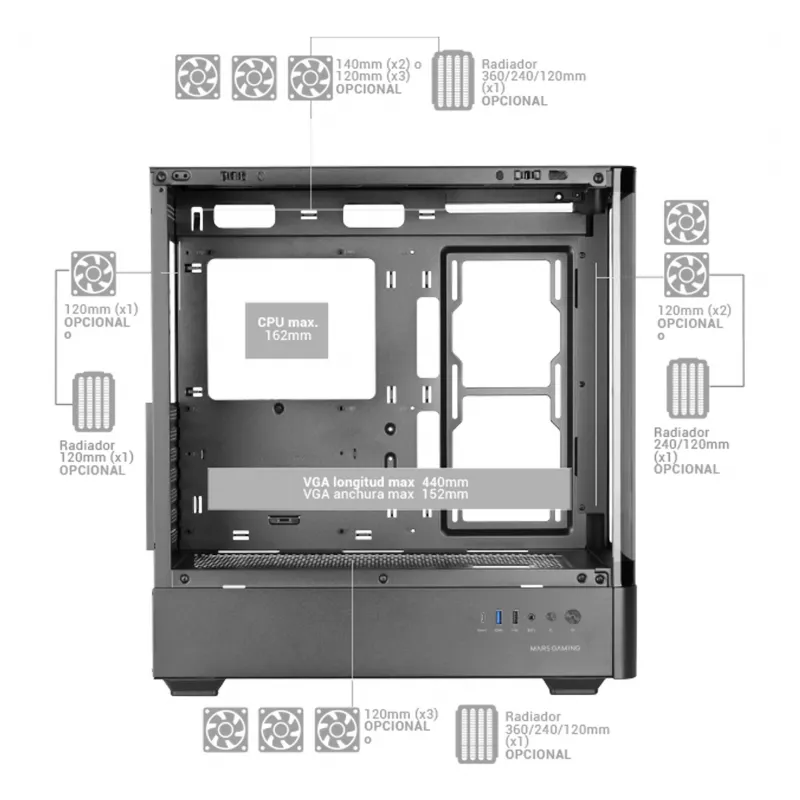 PC Case TACENS Mars Gaming MCLCDPRO Midi Tower — Black, IPS 7.2 inch Display, Bottom PSU, ATX/Micro‑ATX/Mini‑ITX support