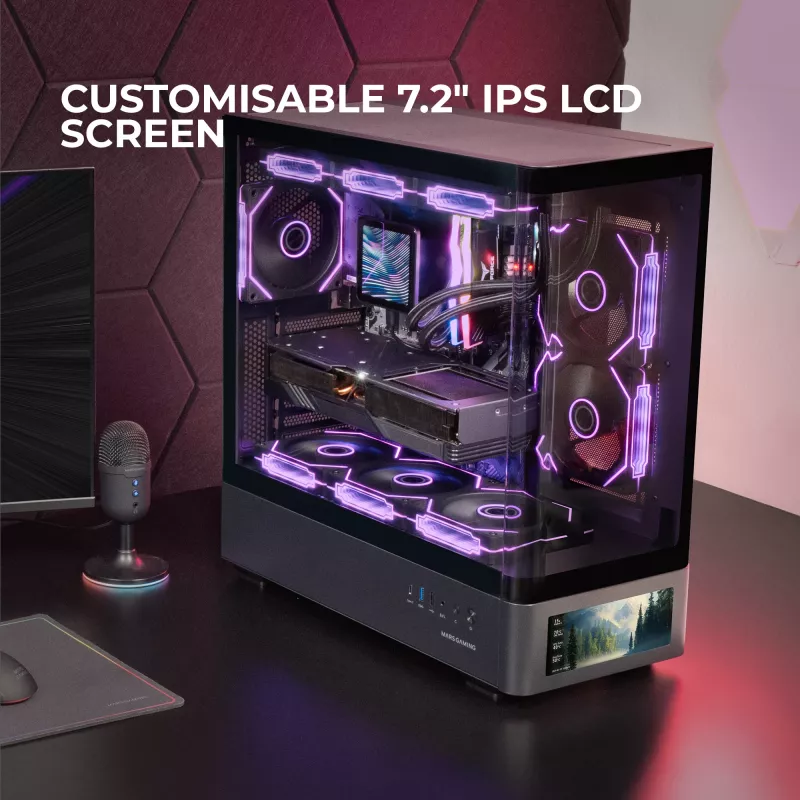 PC Case TACENS Mars Gaming MCLCDPRO Midi Tower — Black, IPS 7.2 inch Display, Bottom PSU, ATX/Micro‑ATX/Mini‑ITX support