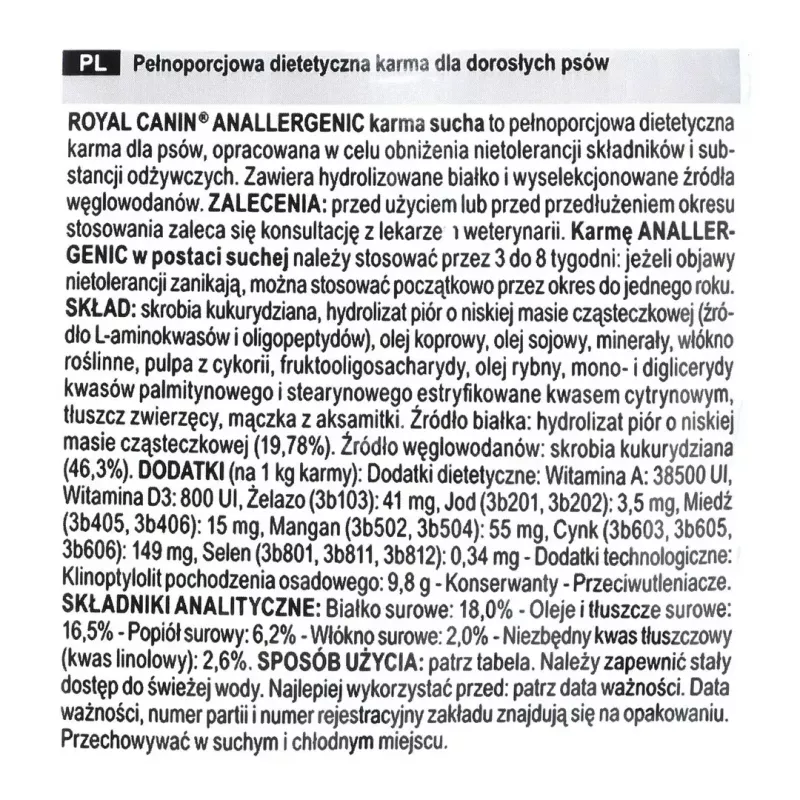 Dry dog food Royal Canin Anallergenic 8 kg — adult hypoallergenic poultry formula, gluten-free, lactose-free
