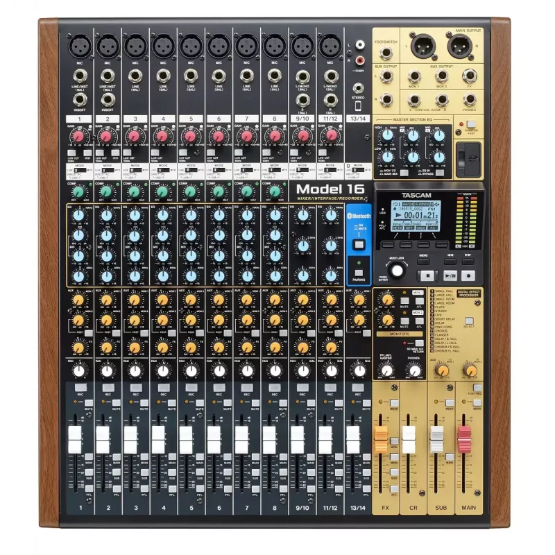 Audio mixer Tascam MODEL 16 — 16 channels, 24-bit DSP, 44.1/48 kHz, Bluetooth 5.0, USB Type-B, SD card reader