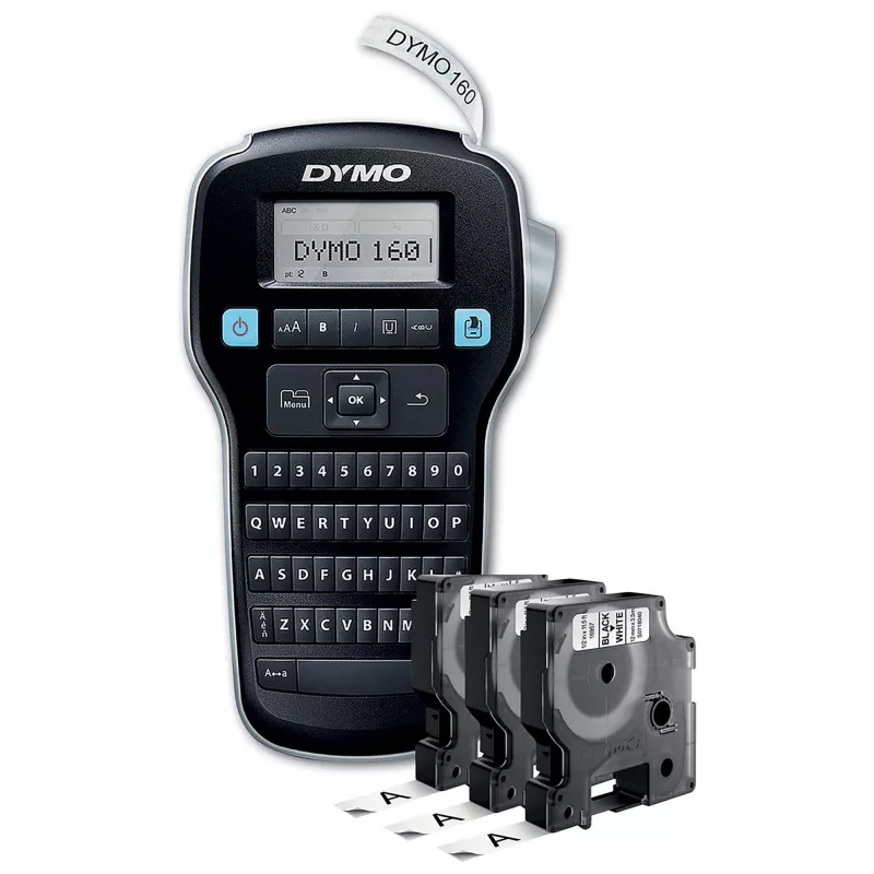 DYMO LabelManager 160 Label Maker Starter Kit with 3 rolls of D1 Label Tape | Handheld Label Printer Machine | QWERTY Keyboard | Ideal for Office or Home
