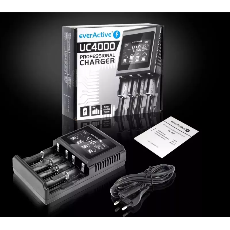 Battery charger everActive UC-4000 for AA/AAA household batteries, 4-slot, 100–240V, black