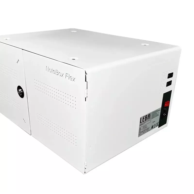 Portable device management cabinet LEBA NoteBox 16 with key lock, USB-C ports, 12 W per device, USB 2.0, wall or table mounting, white