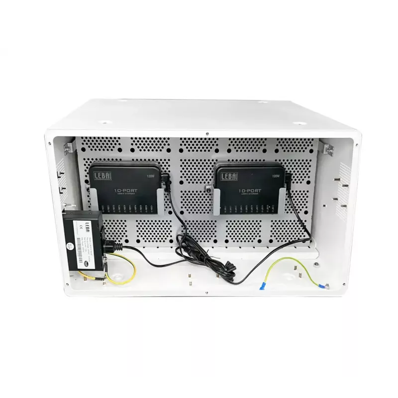 Portable device management cabinet LEBA NoteBox 16 with key lock, USB-C ports, 12 W per device, USB 2.0, wall or table mounting, white