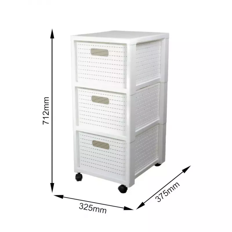 Shelf rotho Country plastic storage shelf 3-drawer, white, 71.2×32.5×37.5 cm, technopolymer, wheels