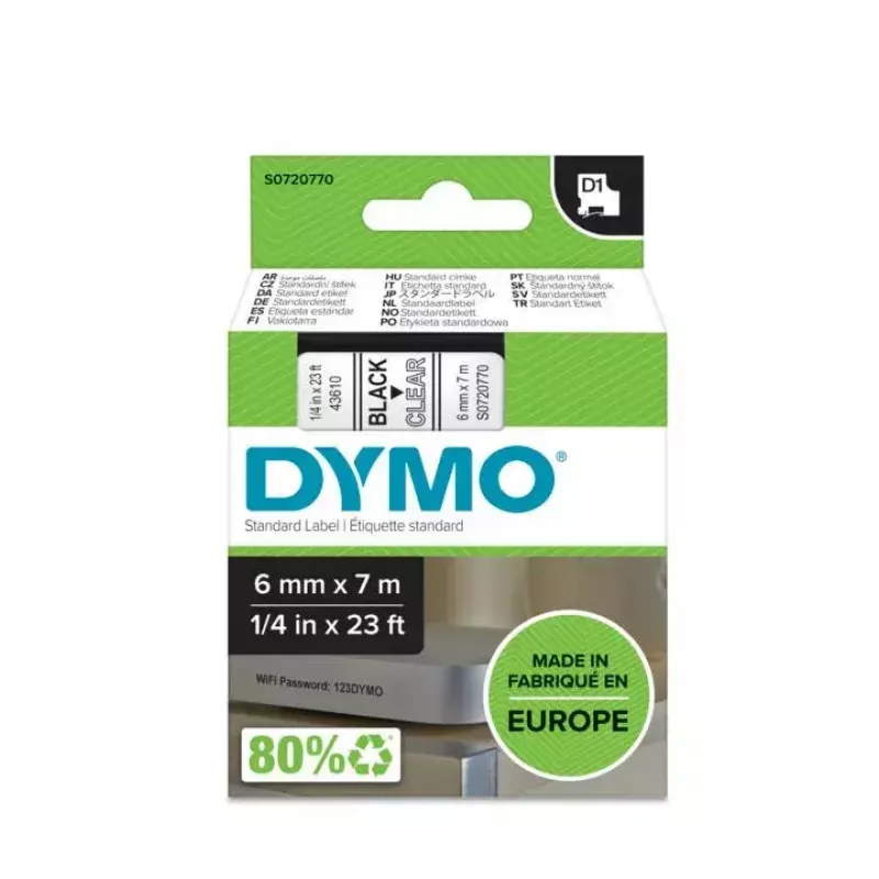 DYMO Authentic D1 Labels | Black Print on Clear Tape | 6 mm x 7 m | Self-Adhesive Labels for LabelManager Label Makers | Made in Europe