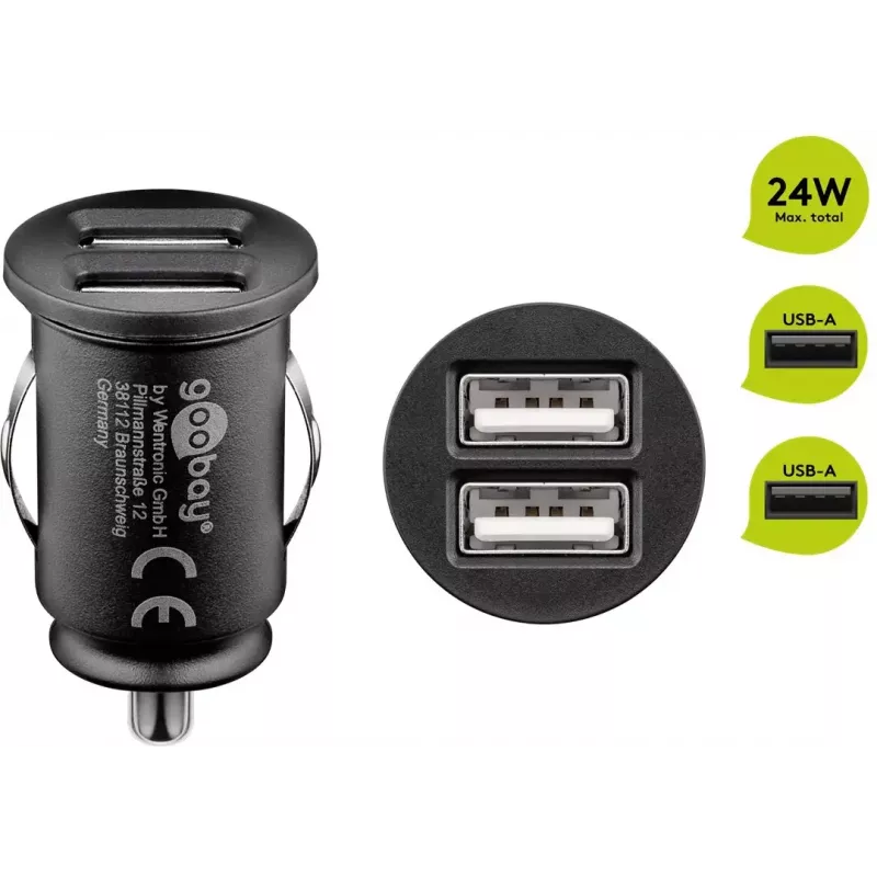 Goobay Dual-USB Car Charger 24 W Black Fast Charging Over Current Protection