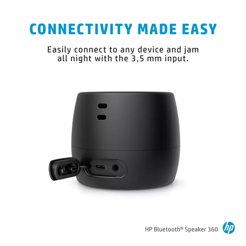 HP Black Bluetooth Speaker 360, Wired & Wireless, Mono portable speaker, Black, Cylinder, Buttons, Universal