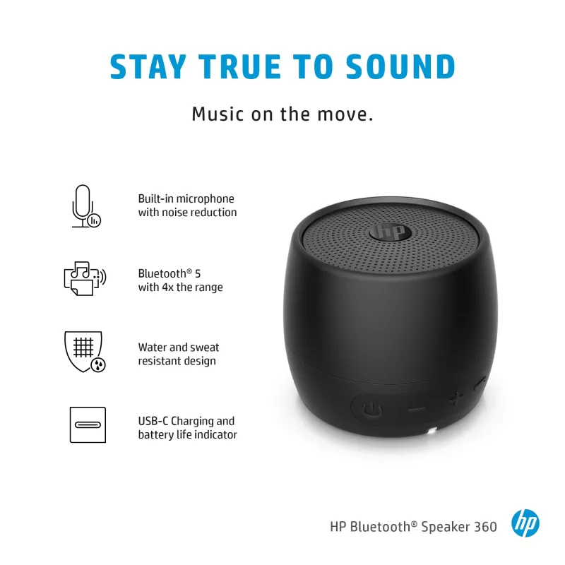 HP Black Bluetooth Speaker 360, Wired & Wireless, Mono portable speaker, Black, Cylinder, Buttons, Universal
