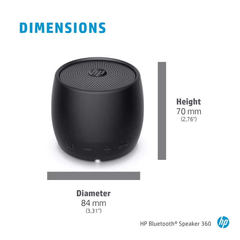 HP Black Bluetooth Speaker 360, Wired & Wireless, Mono portable speaker, Black, Cylinder, Buttons, Universal