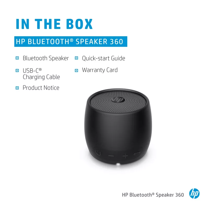 HP Black Bluetooth Speaker 360, Wired & Wireless, Mono portable speaker, Black, Cylinder, Buttons, Universal