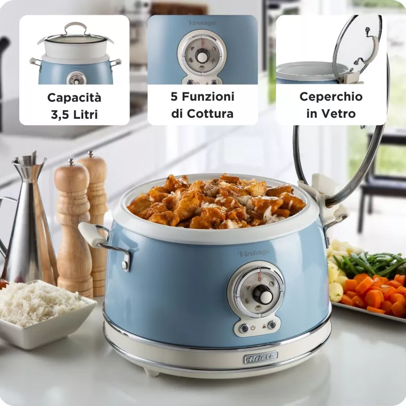 Ariete 2904 Rice Cooker - Electric Rice Cooker with ceramic bowl - Homemade Sushi - Multicooker - Vintage Line - 3.5 L - 650 W - Blue