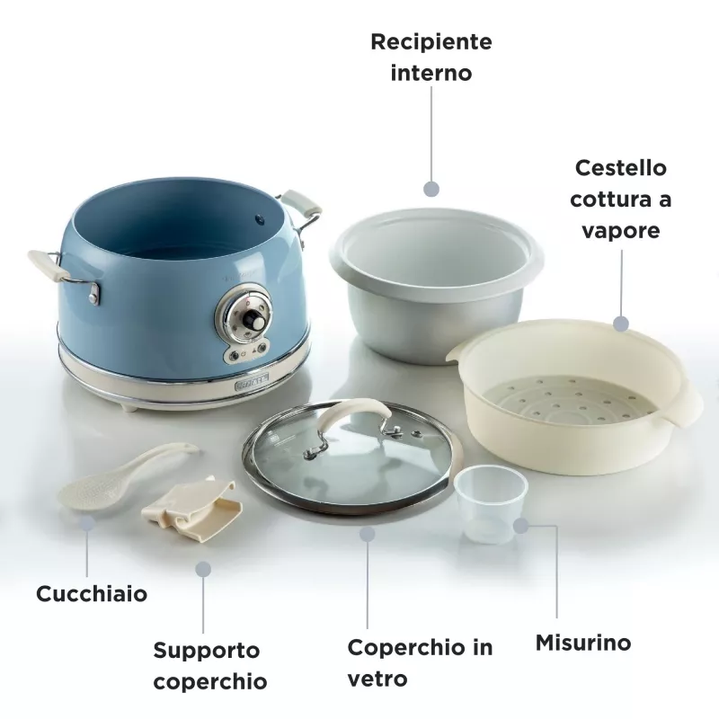 Ariete 2904 Rice Cooker - Electric Rice Cooker with ceramic bowl - Homemade Sushi - Multicooker - Vintage Line - 3.5 L - 650 W - Blue