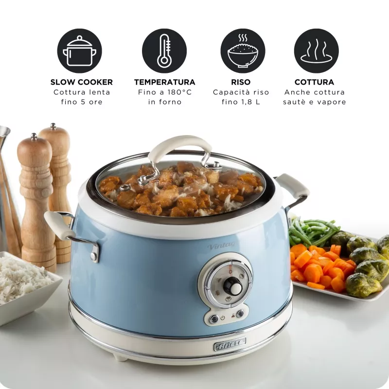 Ariete 2904 Rice Cooker - Electric Rice Cooker with ceramic bowl - Homemade Sushi - Multicooker - Vintage Line - 3.5 L - 650 W - Blue
