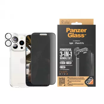 PanzerGlass Privacy 3-in-1 Pack iPhone 15 Pro Shock Resistant Tempered Glass