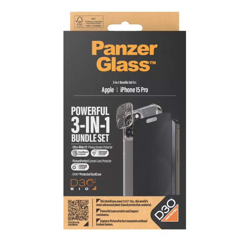 PanzerGlass Privacy 3-in-1 Pack iPhone 15 Pro Shock Resistant Tempered Glass