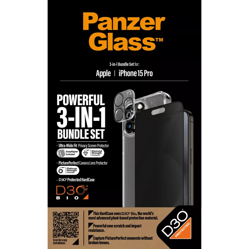 PanzerGlass Privacy 3-in-1 Pack iPhone 15 Pro Shock Resistant Tempered Glass