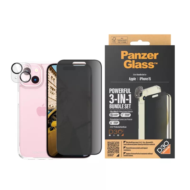 PanzerGlass ® Privacy 3-in-1 Pack iPhone 15 Shock Resistant Tempered Glass
