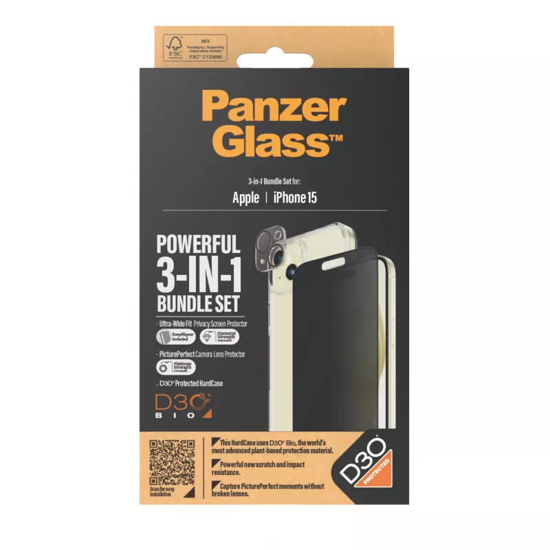 PanzerGlass ® Privacy 3-in-1 Pack iPhone 15 Shock Resistant Tempered Glass