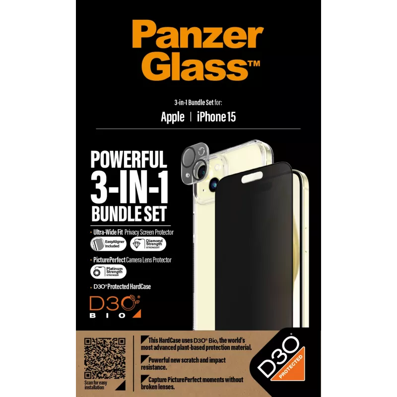 PanzerGlass ® Privacy 3-in-1 Pack iPhone 15 Shock Resistant Tempered Glass