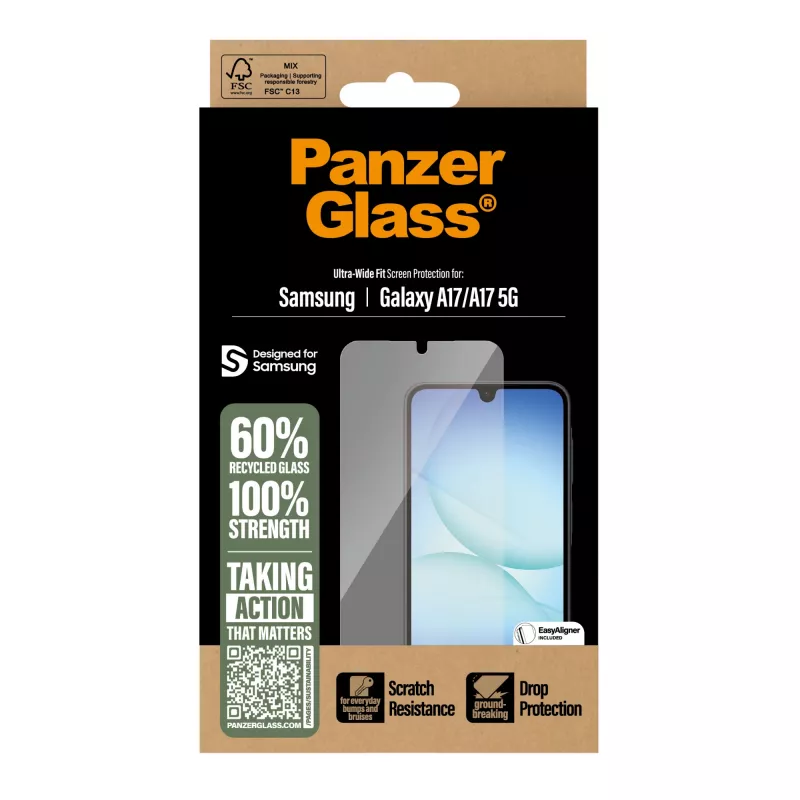 PanzerGlass Screen Protector for Samsung Galaxy A17 / A17 5G — Ultra-Wide Fit, PET+Silicone, Scratch & Shock Resistant