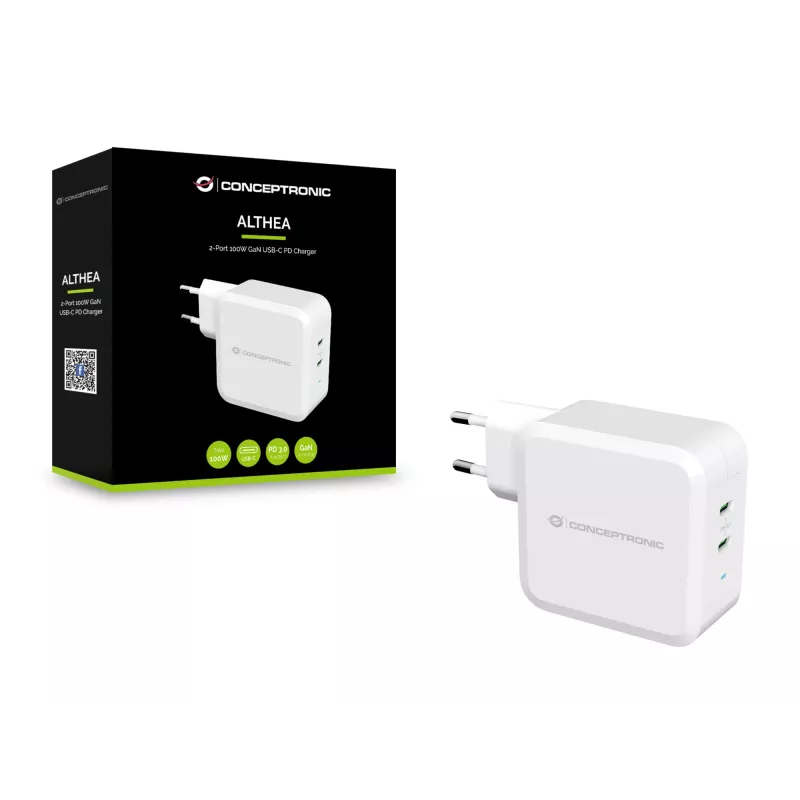 Conceptronic ALTHEA 2-Port 100W GaN USB-C PD Charger, Indoor, AC, 5 V, 5 A, White