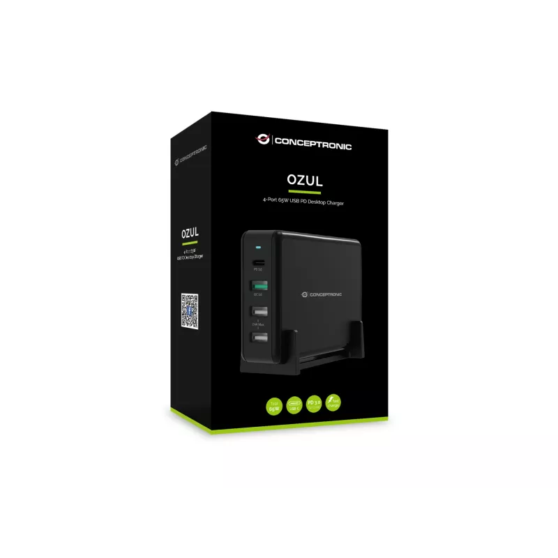 Conceptronic OZUL 4-Port 65W USB PD Desktop Charger, Indoor, AC, 5 V, Black