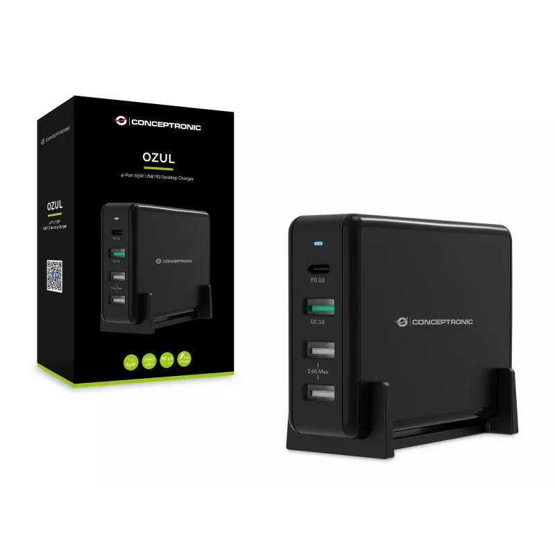 Conceptronic OZUL 4-Port 65W USB PD Desktop Charger, Indoor, AC, 5 V, Black