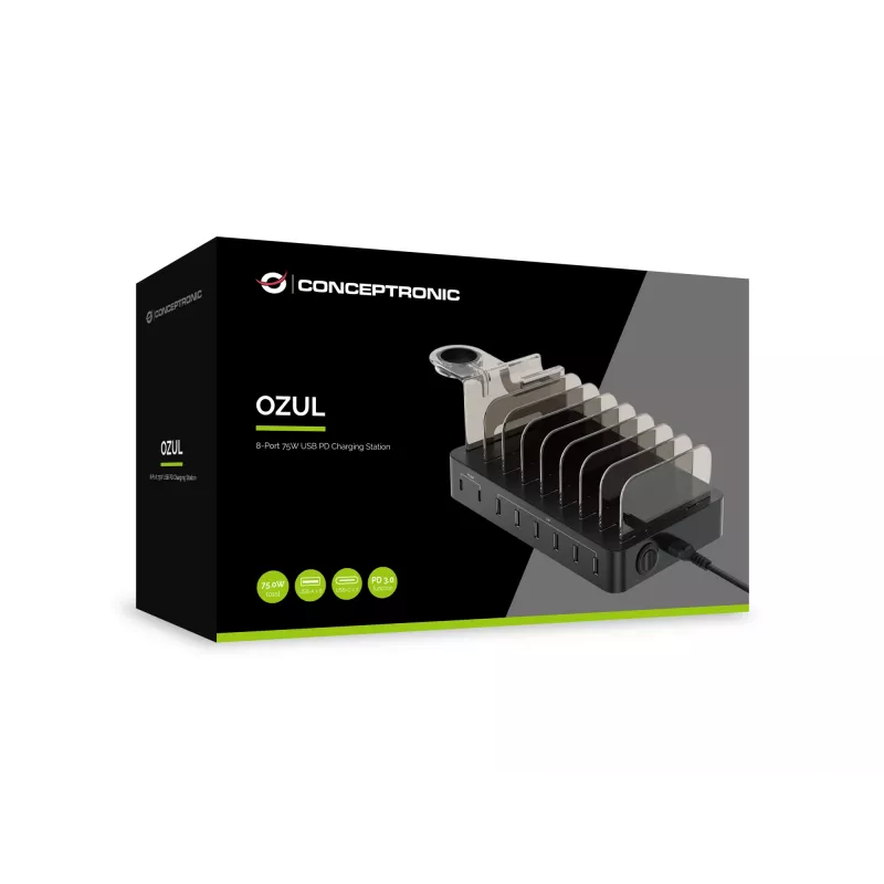 Conceptronic OZUL 8-Port 75W USB PD Charging Station, Indoor, AC, 12 V, Black