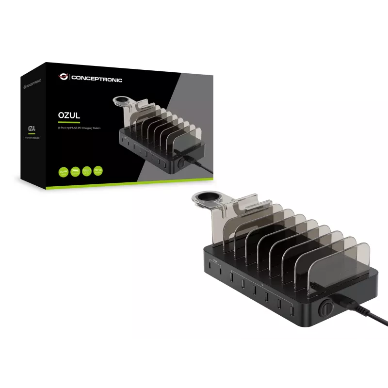 Conceptronic OZUL 8-Port 75W USB PD Charging Station, Indoor, AC, 12 V, Black