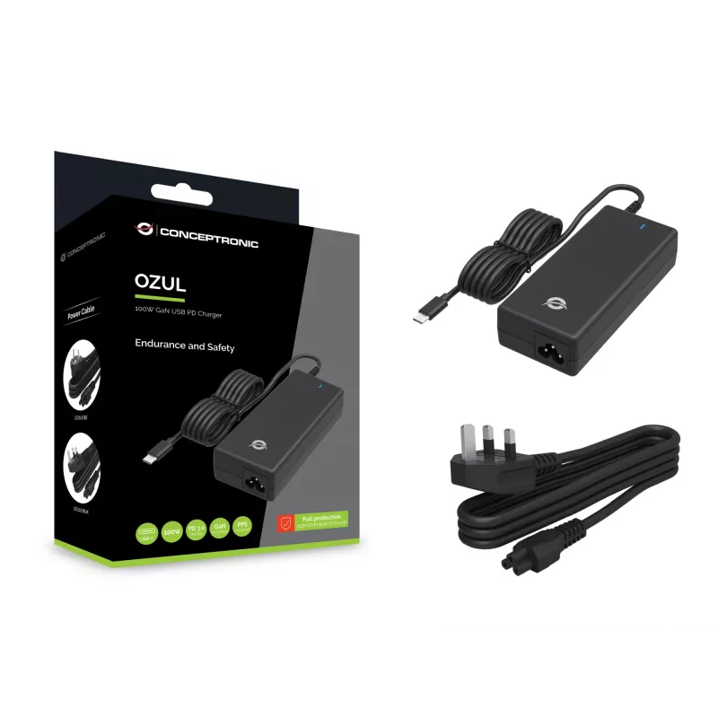 Conceptronic OZUL03BUK 100W GaN Desktop USB PD Charger, Built-in USB-C Cable, UK plug