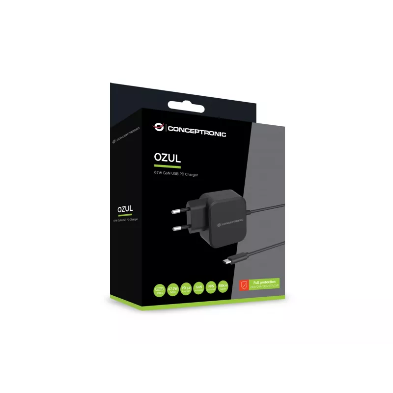 Conceptronic OZUL04BE 67W GaN USB PD Charger, Built-in USB-C Cable