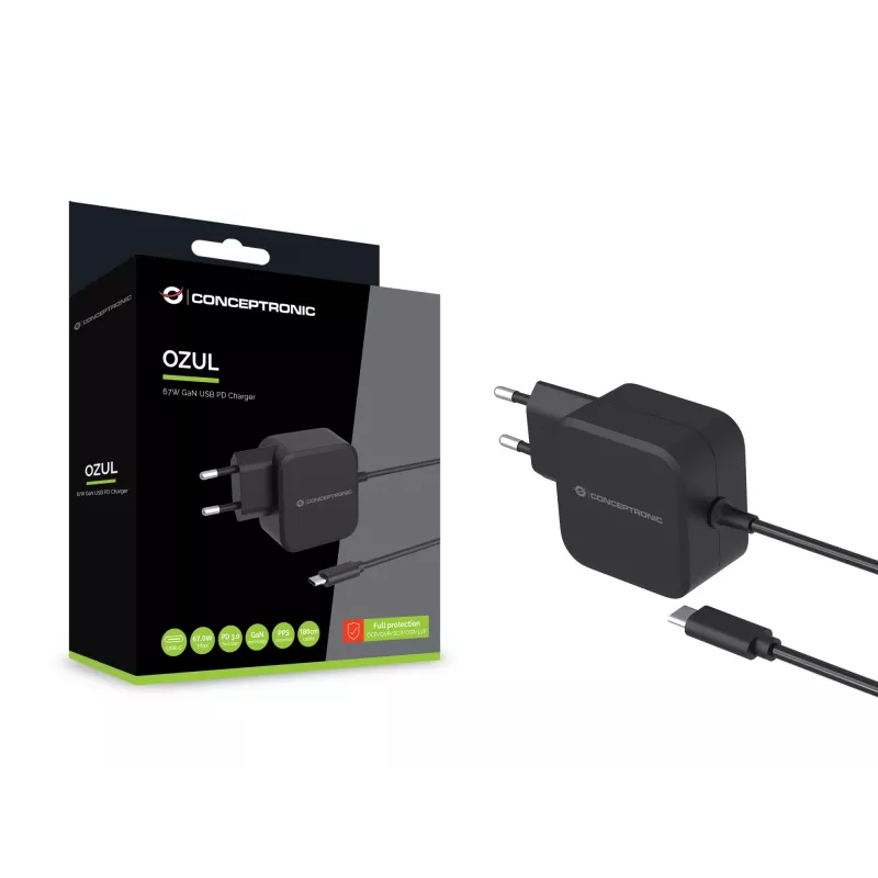 Conceptronic OZUL04BE 67W GaN USB PD Charger, Built-in USB-C Cable