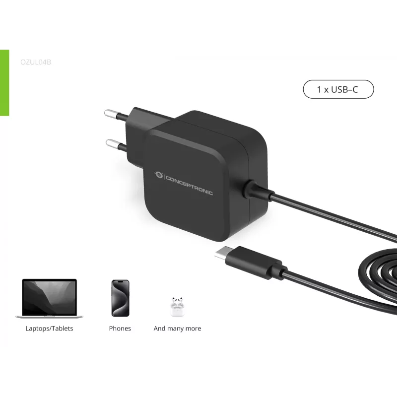 Conceptronic OZUL04BE 67W GaN USB PD Charger, Built-in USB-C Cable
