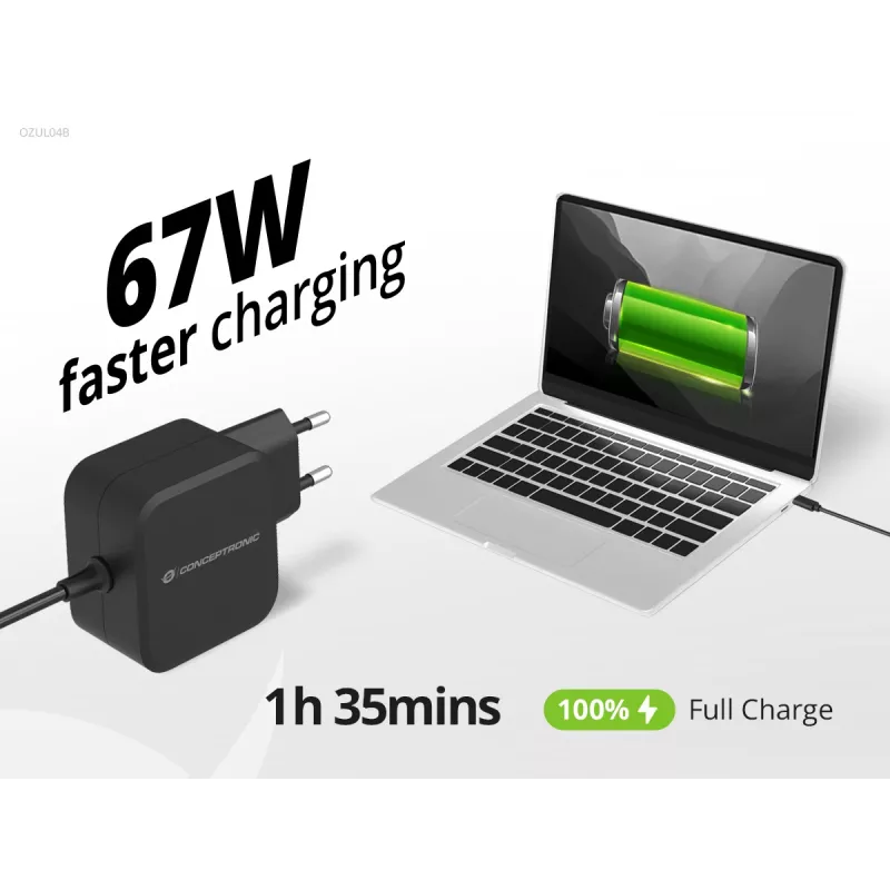 Conceptronic OZUL04BE 67W GaN USB PD Charger, Built-in USB-C Cable