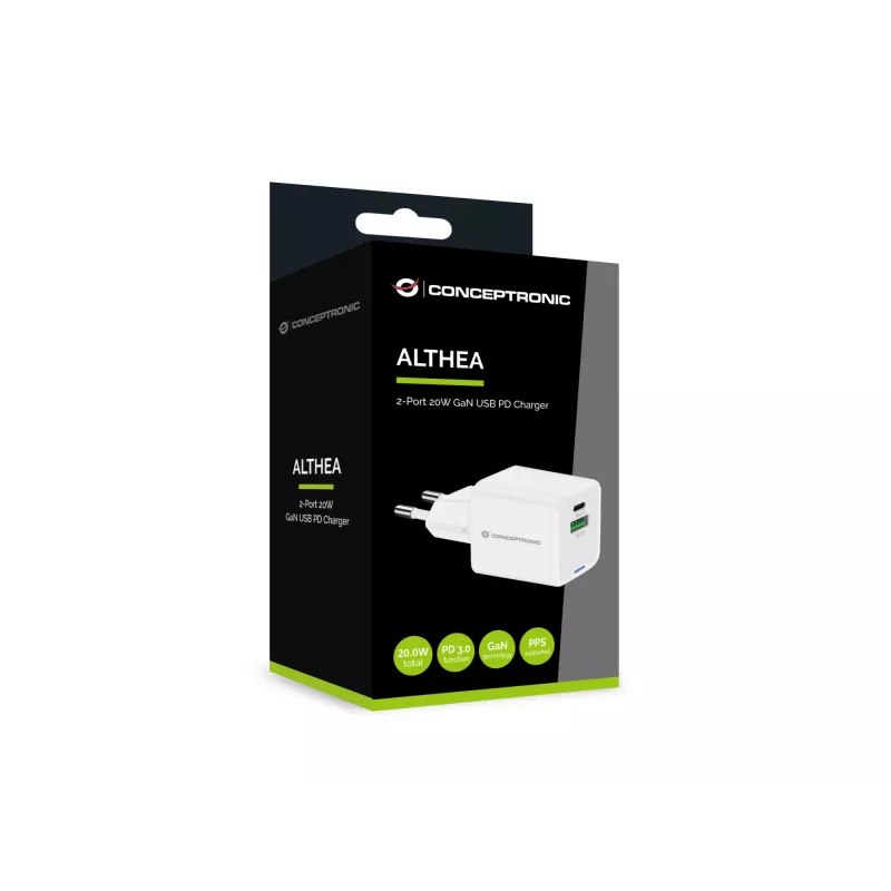 Conceptronic 2-Port 20W GaN USB PD Charger, USB-C x 1, USB-A x 1, QC 3.0, PPS