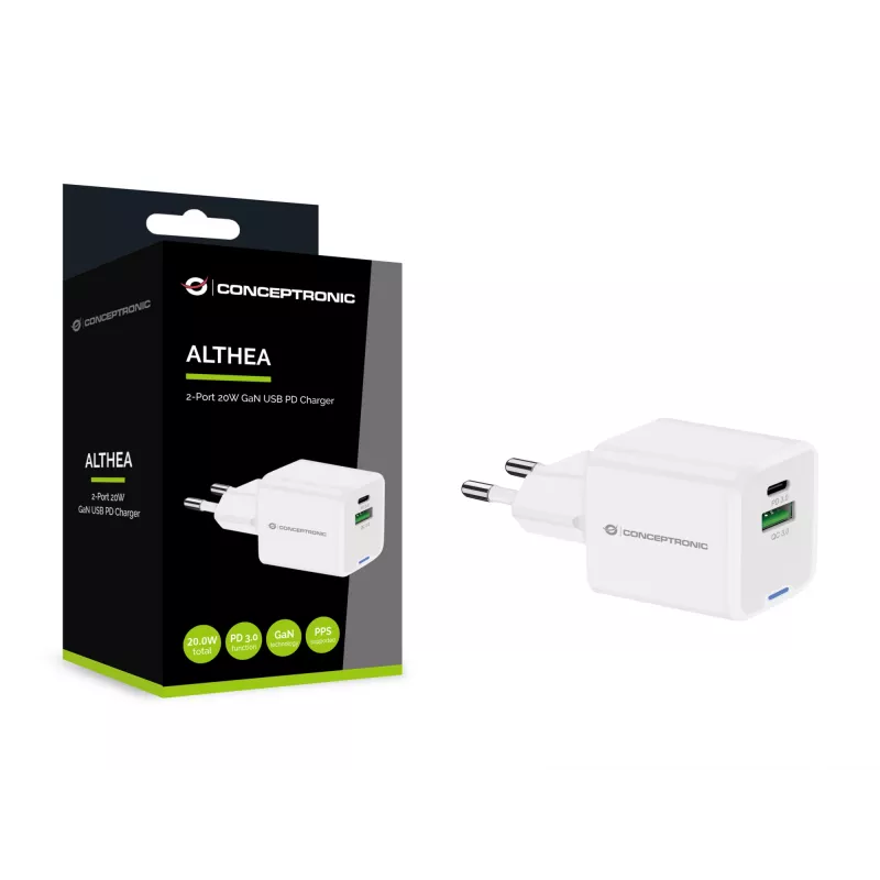 Conceptronic 2-Port 20W GaN USB PD Charger, USB-C x 1, USB-A x 1, QC 3.0, PPS