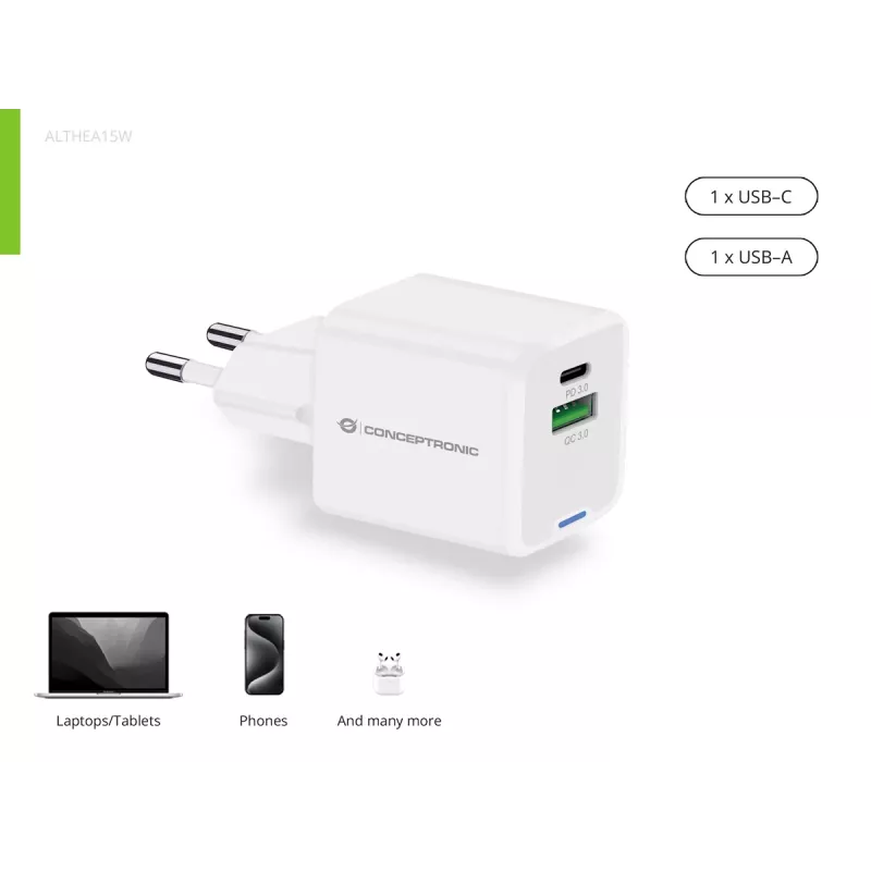 Conceptronic 2-Port 20W GaN USB PD Charger, USB-C x 1, USB-A x 1, QC 3.0, PPS
