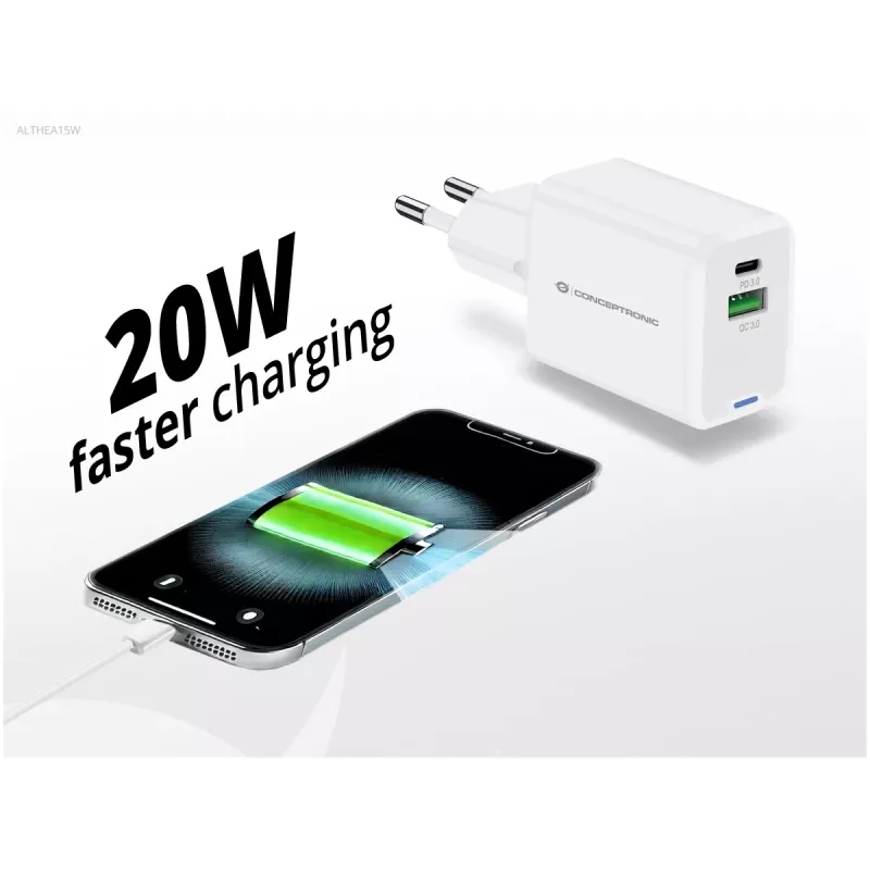 Conceptronic 2-Port 20W GaN USB PD Charger, USB-C x 1, USB-A x 1, QC 3.0, PPS