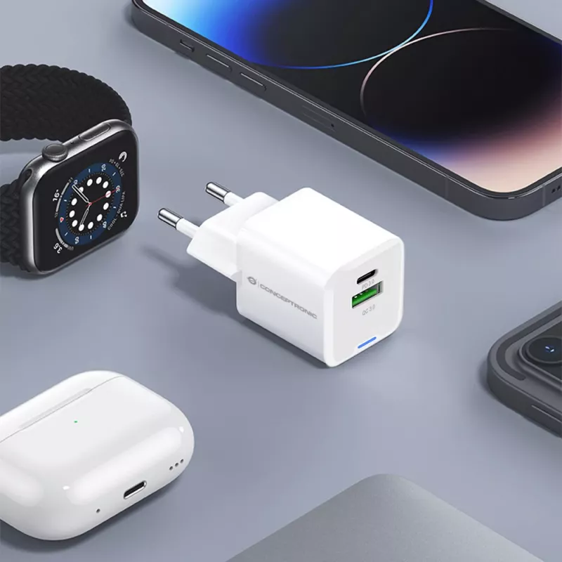 Conceptronic 2-Port 20W GaN USB PD Charger, USB-C x 1, USB-A x 1, QC 3.0, PPS