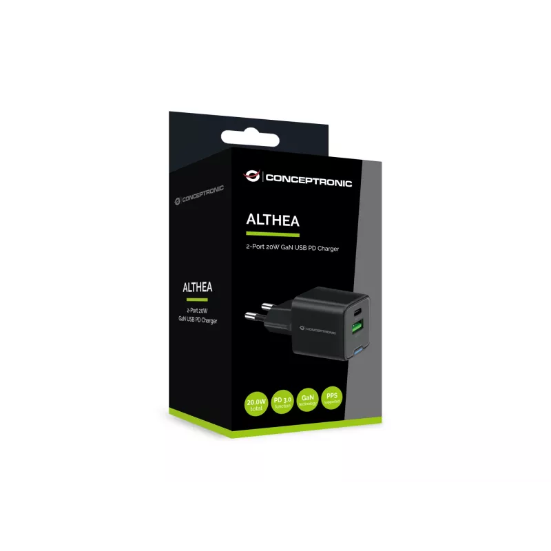 Conceptronic 2-Port 20W GaN USB PD Charger, USB-C x 1, USB-A x 1, QC 3.0, PPS