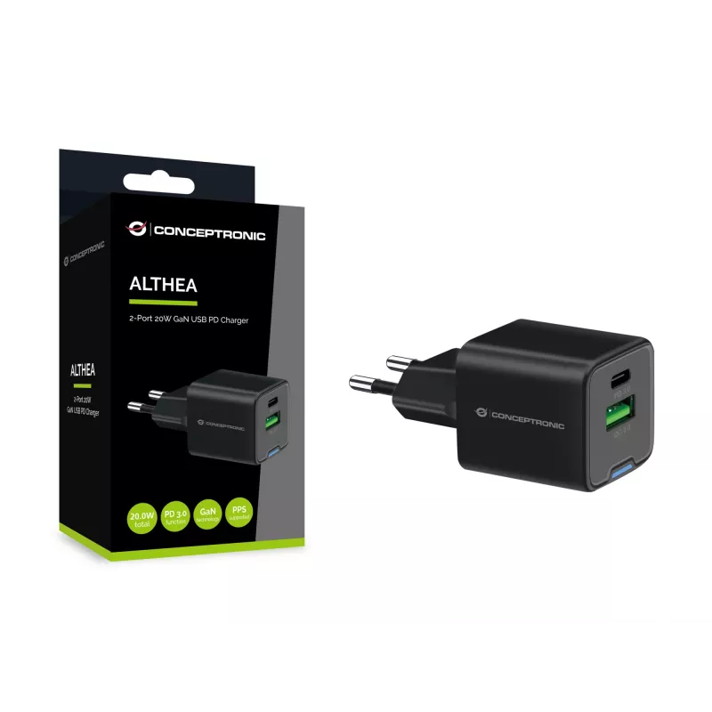 Conceptronic 2-Port 20W GaN USB PD Charger, USB-C x 1, USB-A x 1, QC 3.0, PPS