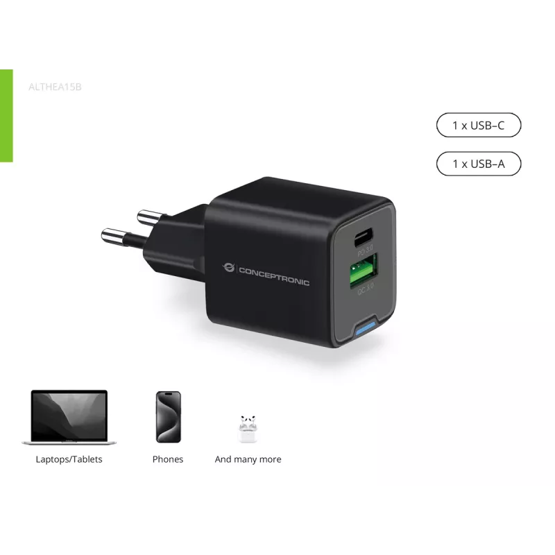 Conceptronic 2-Port 20W GaN USB PD Charger, USB-C x 1, USB-A x 1, QC 3.0, PPS