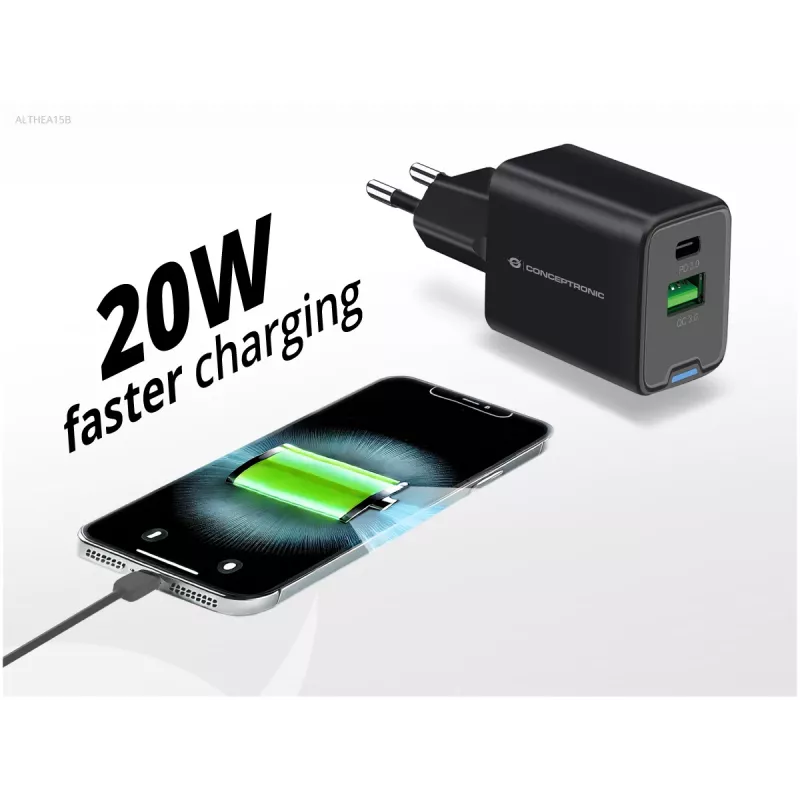 Conceptronic 2-Port 20W GaN USB PD Charger, USB-C x 1, USB-A x 1, QC 3.0, PPS